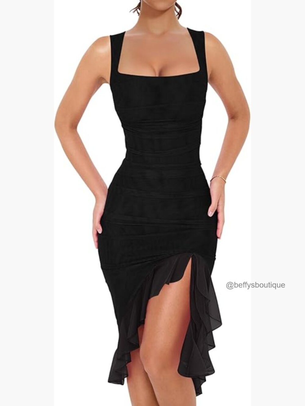 Sexy Bodycon Midi Dress Square Neck Ruffle Hem Party Cocktail